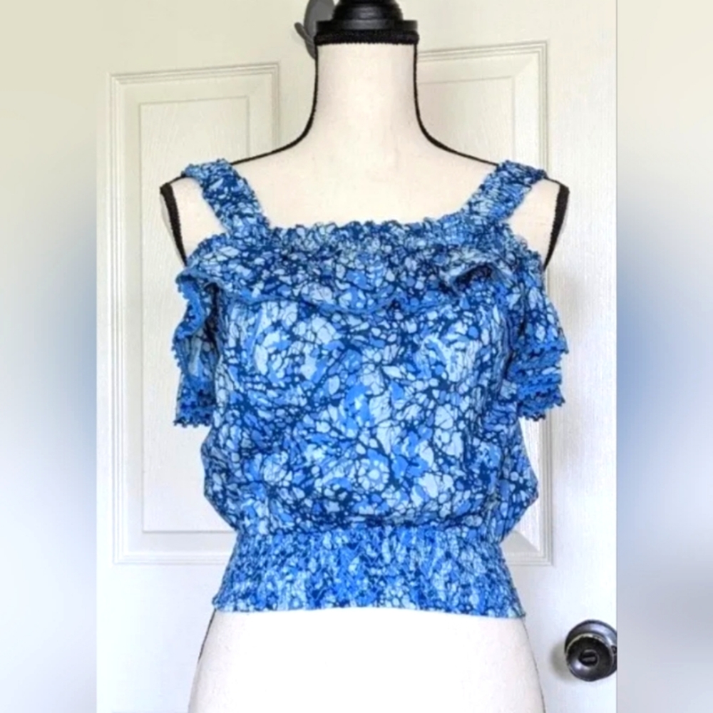 House of Harlow 1960 Womens NWT Martine Blue Print Cold Shoulder Top Blue Size S